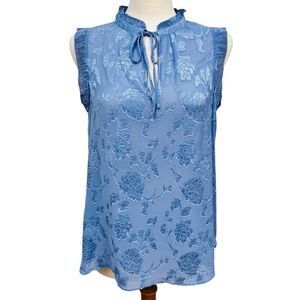 Rose + Olive Floral Sleeveless Keyhole Semi-Sheer Blue Blouse Women’s Large